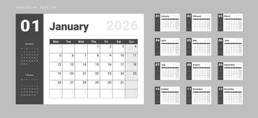 Set of 12 Pages Monthly Calendar Planner Templates on 2026 year. Vector mockup of wall or desktop calendar with the week starting on Monday for printing in monochrome color. Page for size A4-21x29.7cm