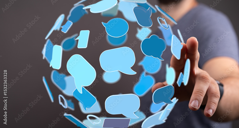 Poster A person interacts with a digital sphere of speech bubbles, symbolizing global communication and social media.