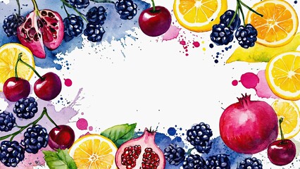 Watercolor painting of pomegranate, blackberry, cherry and lemon slices creating colorful frame