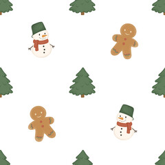 Cute Winter Christmas Seamless Pattern with gingerbread man and Snowman