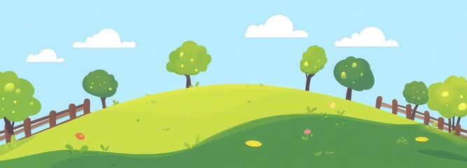 Pixel Art Idyllic Green Hill Landscape with Trees and Fence