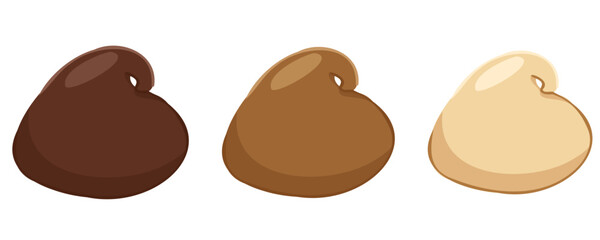 Set of various chocolate drops. Vector cartoon dessert collection with dark, milk and white chocolate chips for food design, baking visuals, menu decoration, candy packaging, digital icons