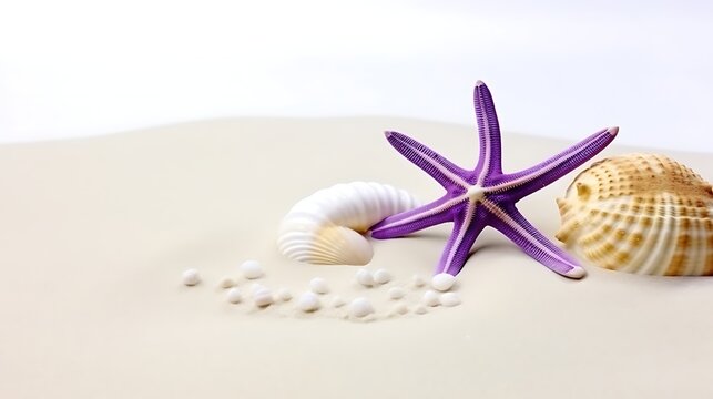 A minimalistic composition of a single violet starfish in the lower third of the frame, accompanied by scattered champagne pearls and small white seashells on smooth, untouched white sand. - Powered by Adobe