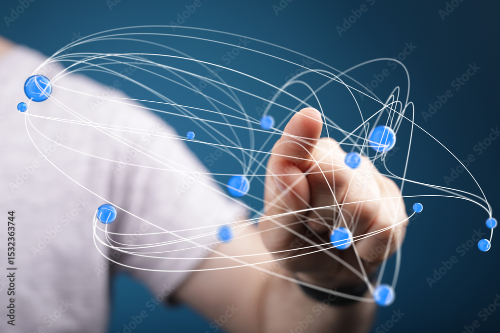 Fototapete abstract image of a hand interacting with a digital network, representing connection and technology.