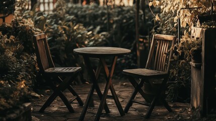 Fototapeta premium A table and chairs made of wood are outside in the garden. 