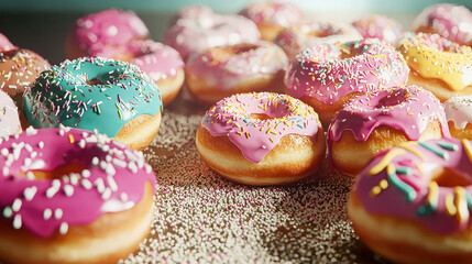 Colorful donut with pink, blue, and yellow icing and sprinkles, sweet dessert on table, cheerful mood