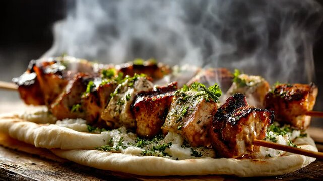 Close up of steaming grilled chicken skewers on a pita bread base with a creamy sauce, garnished with herbs. Dark background, dramatic lighting.
