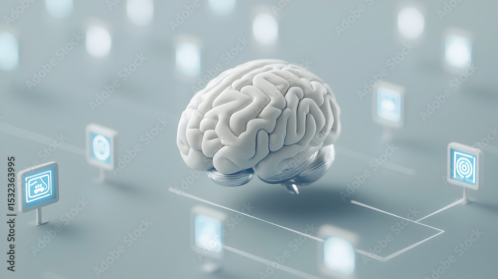 Poster a digital 3d brain model surrounded by floating icons representing data, technology, and artificial 