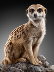 Fototapeta premium Alert Meerkat Posing Gracefully: An attentive meerkat, perched regally atop a stone, captures the eye with its focused gaze.