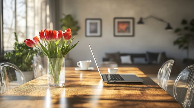 A warm and modern dining area. It has a wooden table with a laptop, tea, and tulips. Clear chairs surround it.