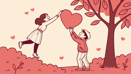 Romantic Happy Valentine’s Day Illustration With Couple Smiling, Hearts, And Decorative Leaves For Love And Holiday Design