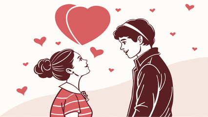 Romantic Happy Valentine’s Day Illustration With Couple Smiling, Hearts, And Decorative Leaves For Love And Holiday Design