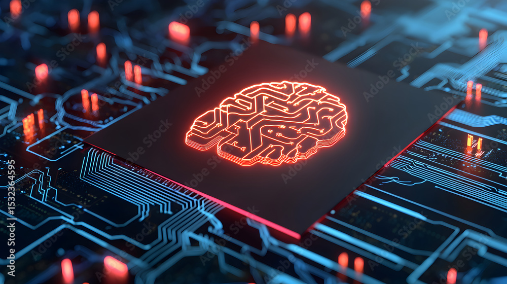 Poster a glowing digital brain symbol on a microchip, representing artificial intelligence and advanced tec