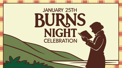 Traditional Burns Night Celebration Illustration Featuring Robert Burns Portrait, Scottish Thistle Flowers, And Highland Landscape