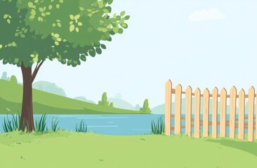 Serene Lakeside Landscape with Green Grass and Wooden Fence