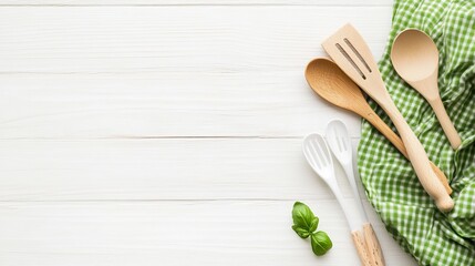 A white wooden table has a green cloth and cooking tools on it. This is a top-down view. You can easily add your product or text to the empty cloth area.
