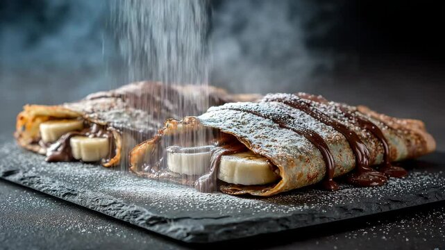 Two warm crepes filled with banana and chocolate sauce, dusted with powdered sugar, on a dark slate plate. Steam rises from the dessert, creating a delicious and tempting image.