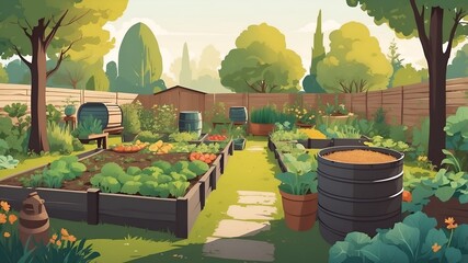 Stylized eco-garden scene with compost, crops, and rain barrels. Illustrates sustainability, local farming, and green living in a flat vector style.