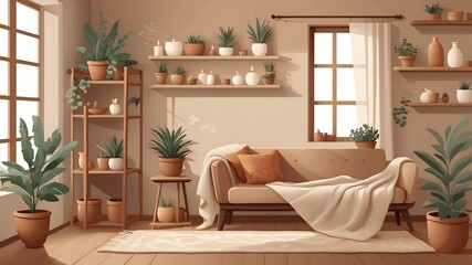 Hygge-inspired eco interior in Scandinavian style with plants and natural decor. Promotes calm, mindful living and sustainable home design.