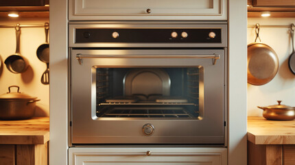 Obraz premium Afternoon glow on retro kitchen oven with modern white cabinetry aesthetic kitchen interior design wallpaper background