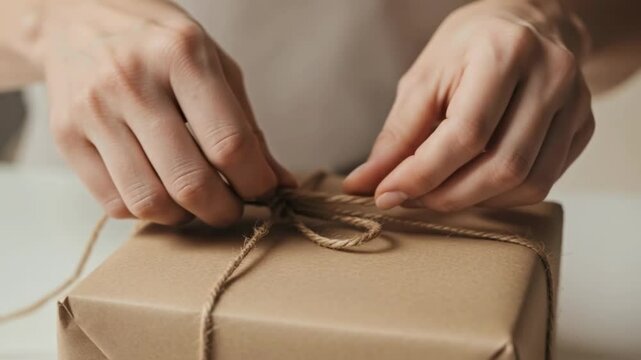Hands carefully tie a rustic twine bow on a gift wrapped in brown kraft paper, symbolizing thoughtful gifting, handmade presents, and sustainable packaging for special occasions or retail