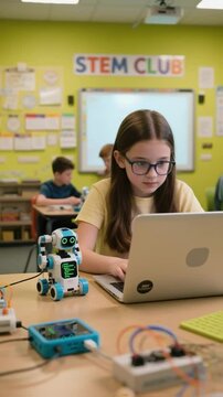 Focused young girl in glasses programs a small robot with a laptop in a vibrant stem club classroom, fostering early interest in technology, coding, and engineering education for future innovators