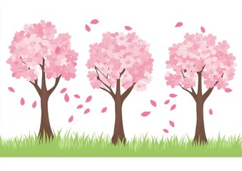 Three Pink Flowering Trees in Gentle Breeze, Green Grass, Scattered Petals