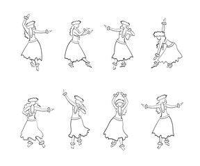 Graceful woman performing Hawaiian dance hula, moves in hand drawn sketches. Editable line art