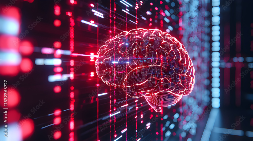Poster a digital 3d representation of a human brain with glowing neural pathways, surrounded by data stream