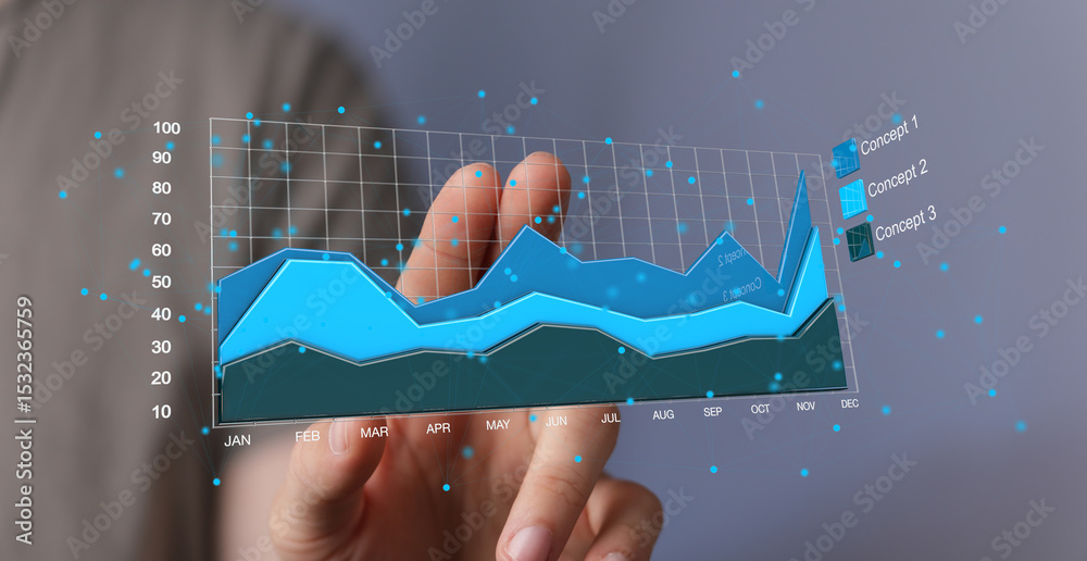 Poster Stock photo of a person interacting with a 3D chart visualizing business growth and key concepts.