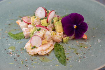 Delightful ceviche made with fresh dorade and shrimp, complemented by avocado and radish, garnished with an edible flower on a serene green plate.