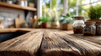 Empty wooden table with soft light, blurred kitchen behind. Simplicity and warmth in a quiet moment.