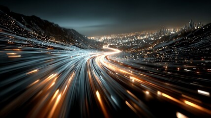 Dynamic city highway at night with light trails.