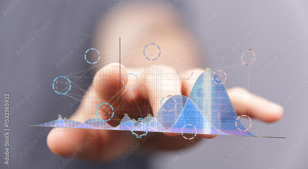 Poster Person interacting with digital graphs and charts, data analysis concept.