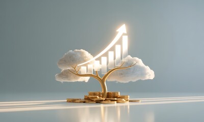 Growth concept, a tree of clouds with rising bar graph, financial success