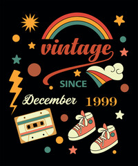 Vintage banner with a set of colorful retro cinema and music icons, featuring festive Christmas food illustrations like pizza and sushi, perfect for a happy holiday menu design