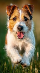 Jack Russel terrier dashing through grass, pure joy in golden light