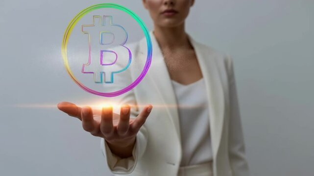 Businesswoman presents a glowing holographic bitcoin symbol, illustrating cryptocurrency investment, blockchain technology, and the future of digital finance for the fintech industry