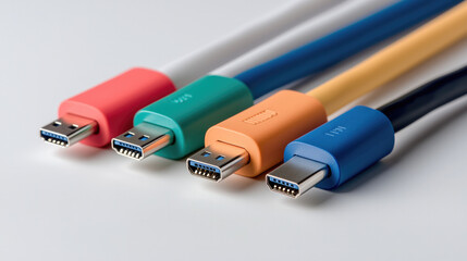 Colorful USB cables with different colored connectors arranged in row on white background, modern technology concept