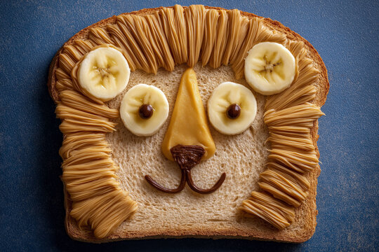 Fun lion face made of toasted bread, peanut butter fur, and banana slice eyes, designed for a jungle-themed kids' snack.