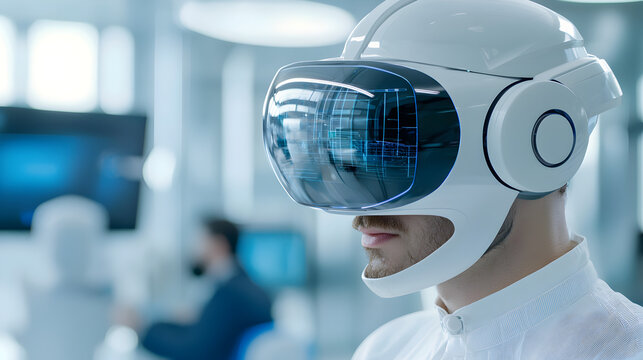 A man wearing a futuristic white virtual reality headset with digital holograms visible on the visor, immersed in a high-tech environment.