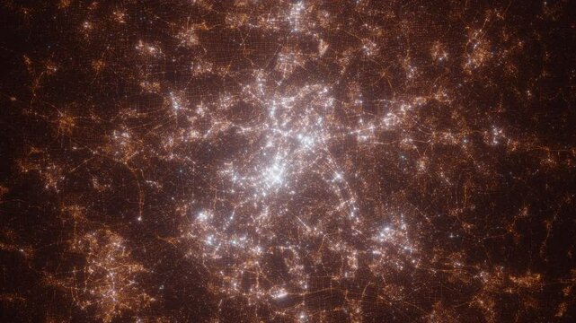 Stuttgart (Germany) aerial view at night. Top view on city from space. Camera is zooming in, rotating clockwise