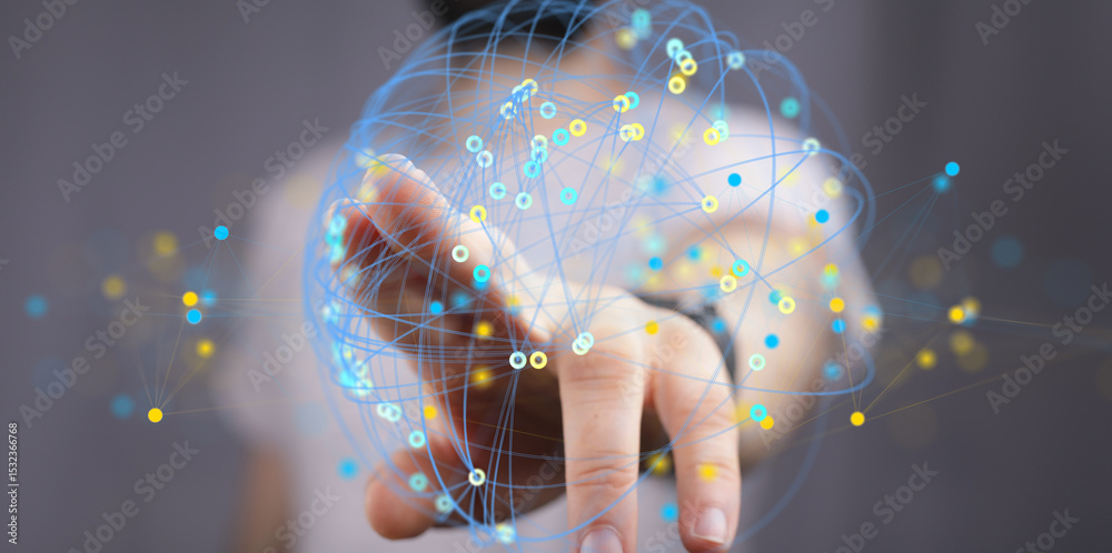 Poster hand interacting with a digital network, representing connectivity and global communication.