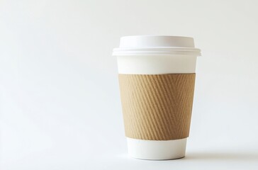 White Coffee Cup with Brown Cardboard Sleeve on White Background
