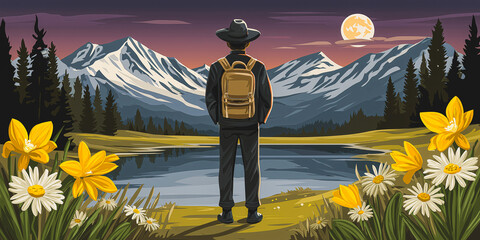 Mountain Vista's Solitude: An adventurous spirit stands facing a breathtaking panorama of a serene lake surrounded by majestic snow-capped mountains under the gentle gaze of a full moon.