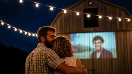 Couple embracing while watching a movie projected onto a barn wall under string lights at night, creating a romantic and nostalgic atmosphere for outdoor entertainment or event concepts