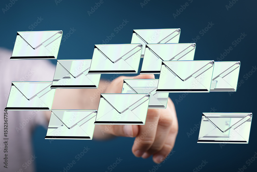 Poster Hand interacting with digital emails, email management, inbox overload.