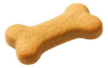 A bone-shaped, golden-brown dog biscuit with a rough, baked texture.