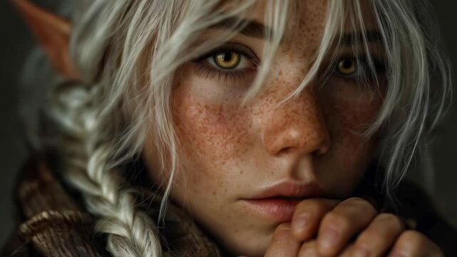 Albino elf cosplay woman with prominent freckles looking intently into camera. Tight close-up. Professionist cosplayer. 
