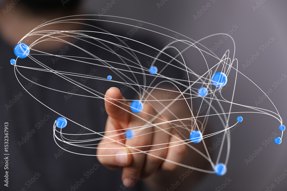 Poster Abstract image of a hand interacting with a digital network. Ideal for technology, connectivity, and global communication concepts.